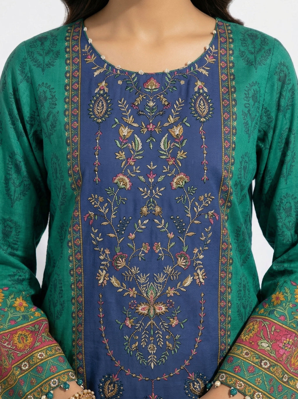Green lawn embroidered pakistani suit with patchwork design & dupatta