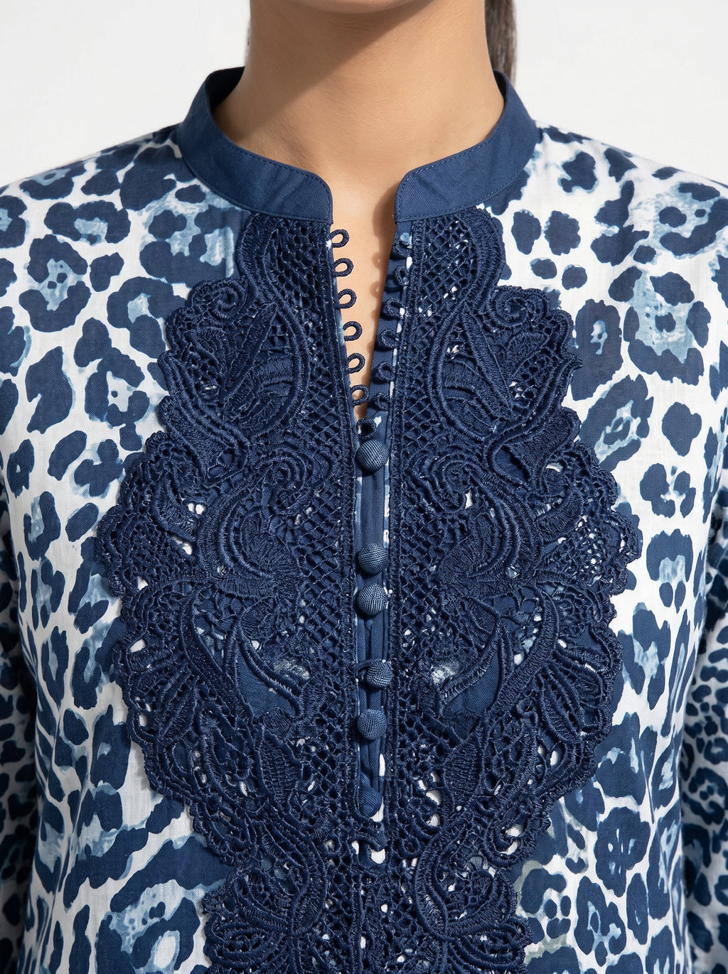 Blue printed cotton embroidered pakistani suit with chiffon dupatta & cotton bottom