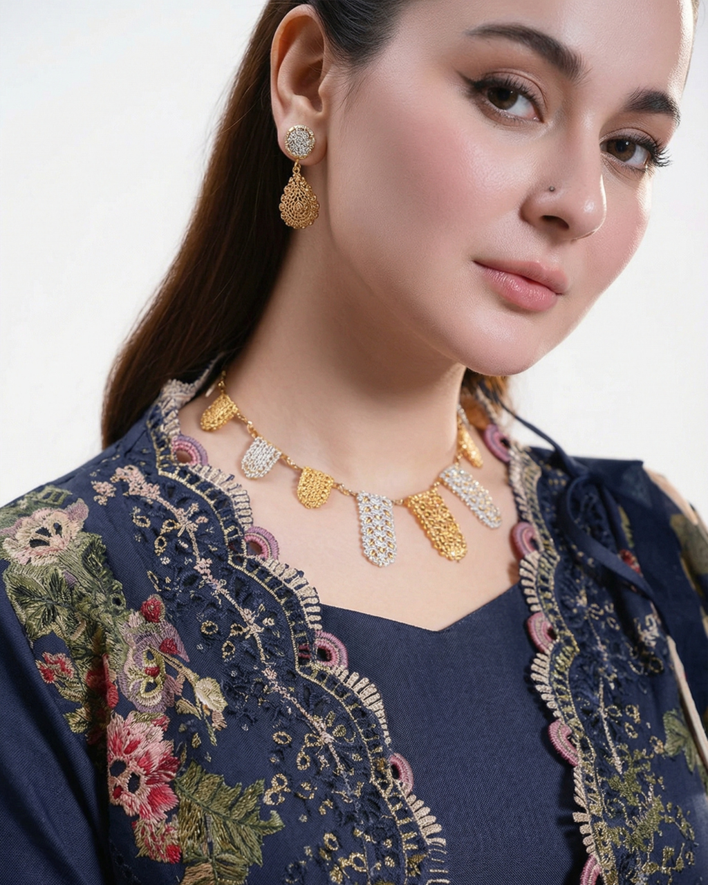 Navy blue cotton chikankari embroidered pakistani suit with maslin print dupatta & cotton bottom