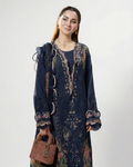 Navy blue cotton chikankari embroidered pakistani suit with maslin print dupatta & cotton bottom