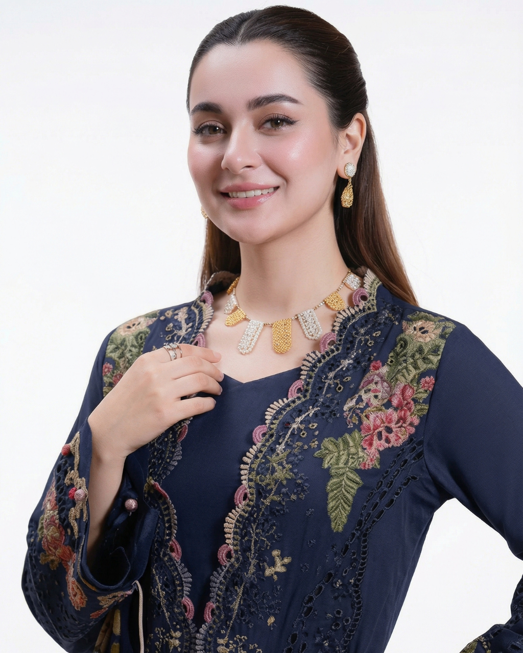 Navy blue cotton chikankari embroidered pakistani suit with maslin print dupatta & cotton bottom