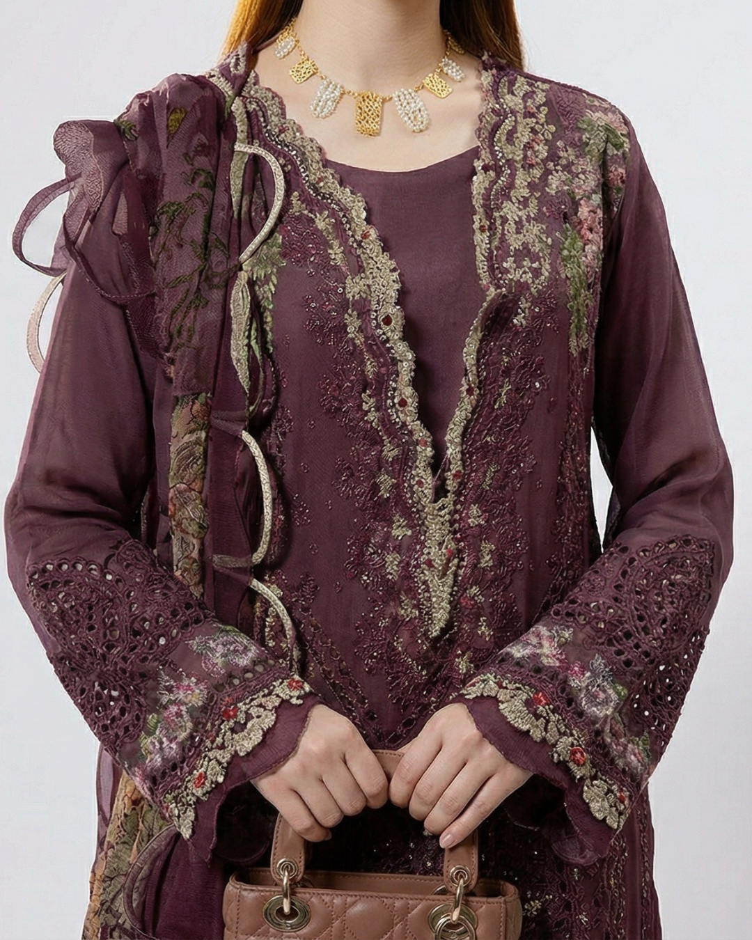 Wine cotton chikankari pakistani suit with maslin dupatta