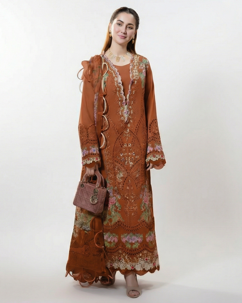Rust cotton chikankari pakistani suit with maslin dupatta