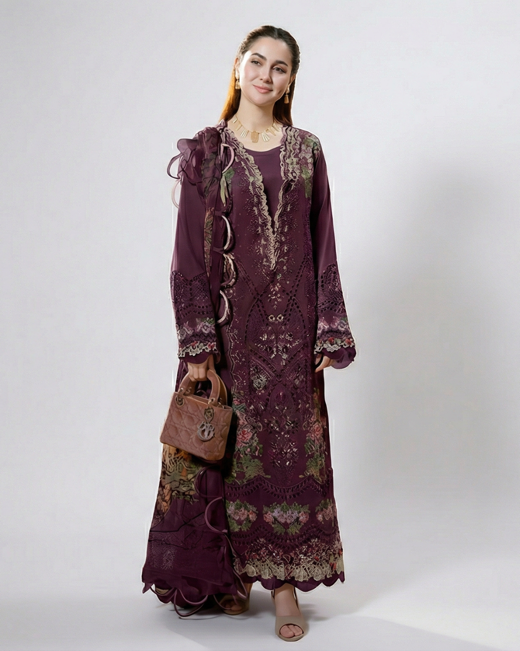 Wine cotton chikankari pakistani suit with maslin dupatta
