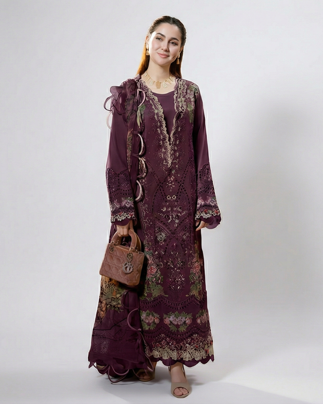 Wine cotton chikankari pakistani suit with maslin dupatta