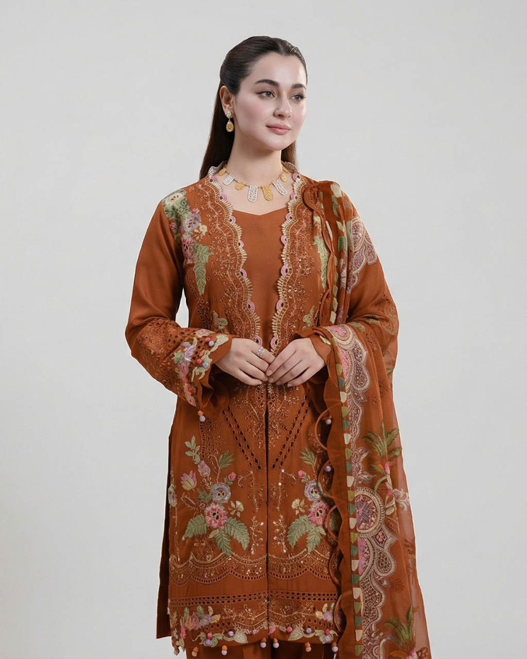 Rust cotton chikankari pakistani suit with maslin dupatta