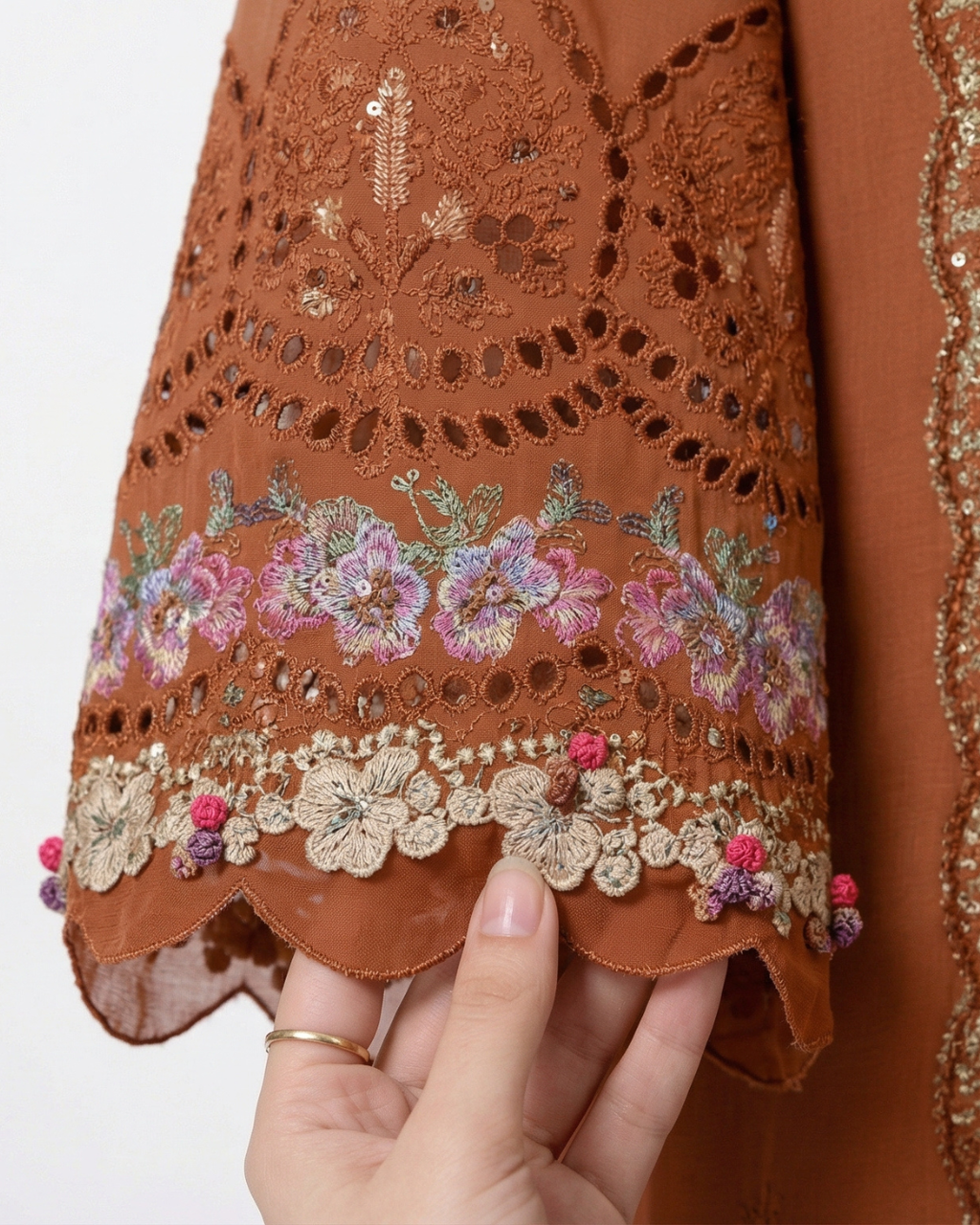 Rust cotton chikankari pakistani suit with maslin dupatta