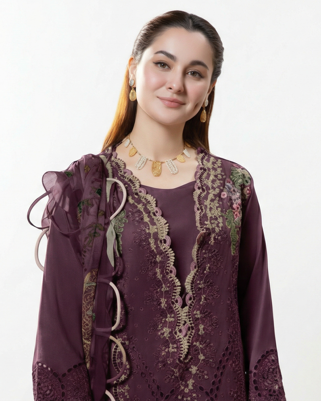Wine cotton chikankari pakistani suit with maslin dupatta