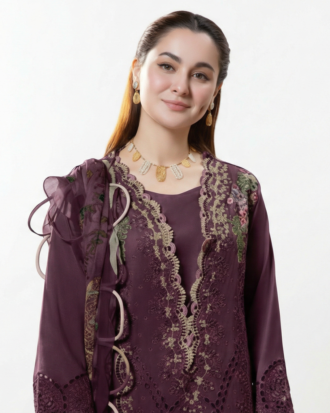 Wine cotton chikankari pakistani suit with maslin dupatta