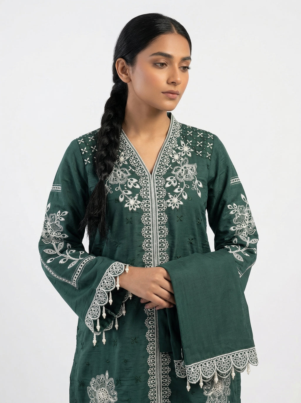 Dark green fancy fabric cutwork lakhan pakistani suit set with dupatta