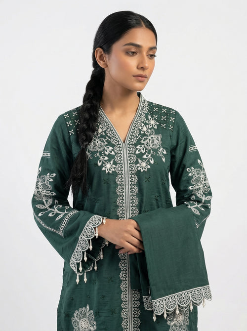 Dark green fancy fabric cutwork lakhan pakistani suit set with dupatta