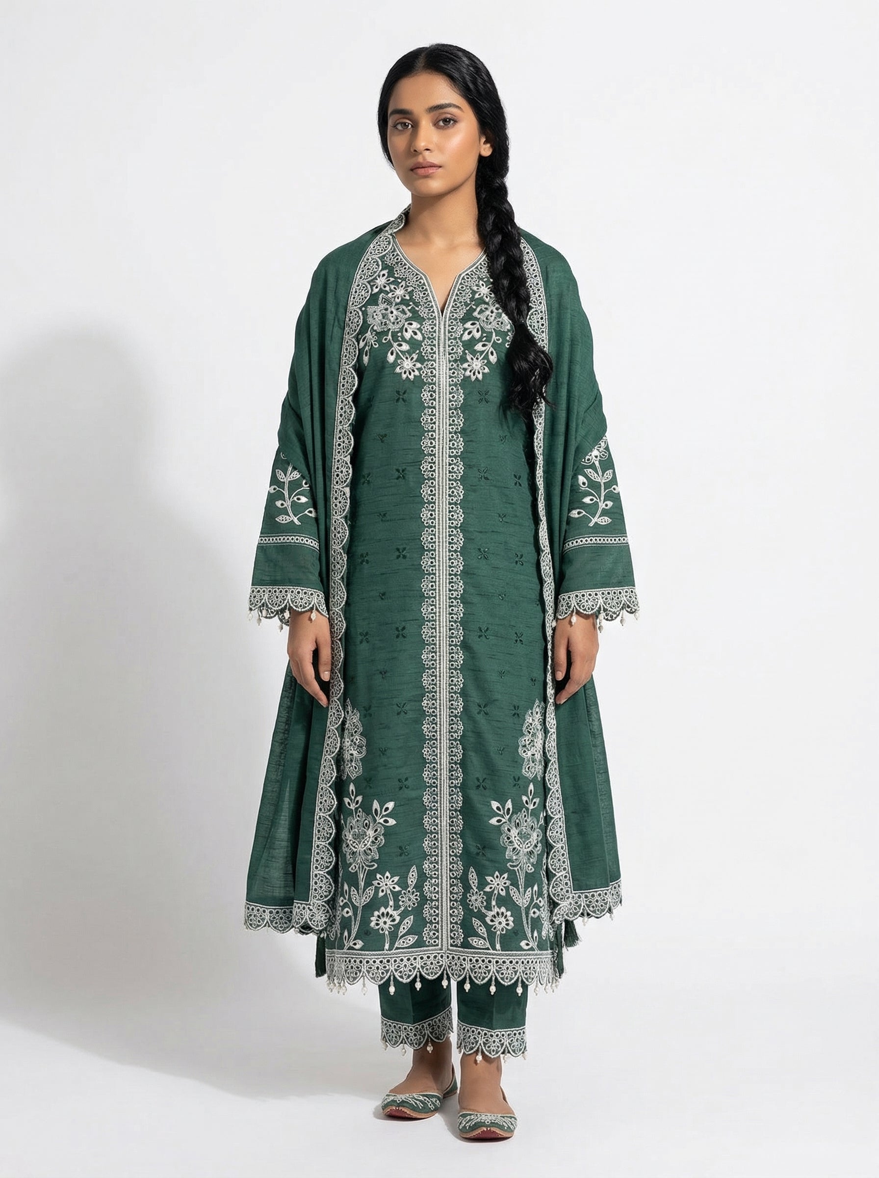 Dark green fancy fabric cutwork lakhan pakistani suit set with dupatta