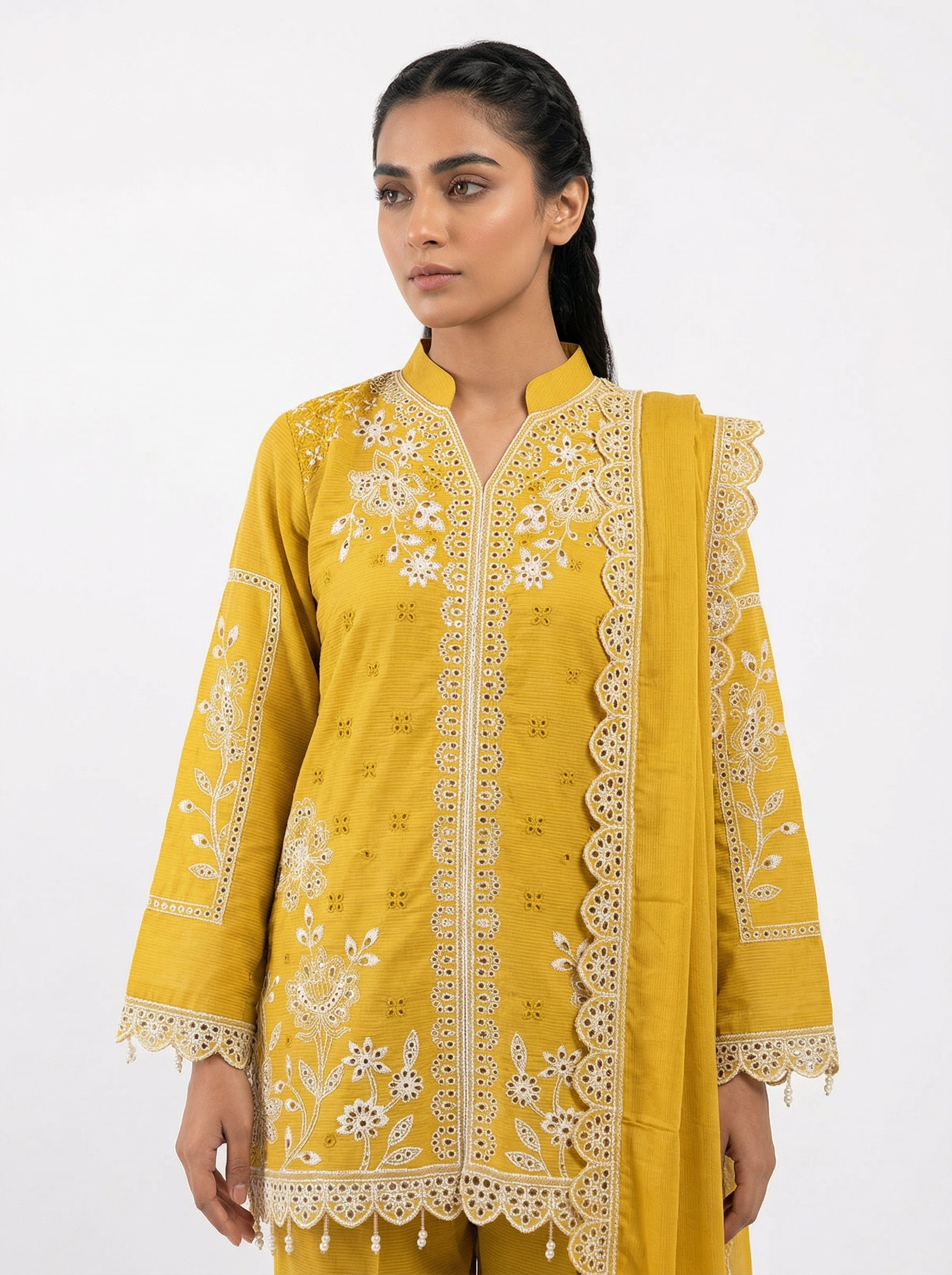 Mustard fancy fabric cutwork lakhan pakistani suit set with dupatta