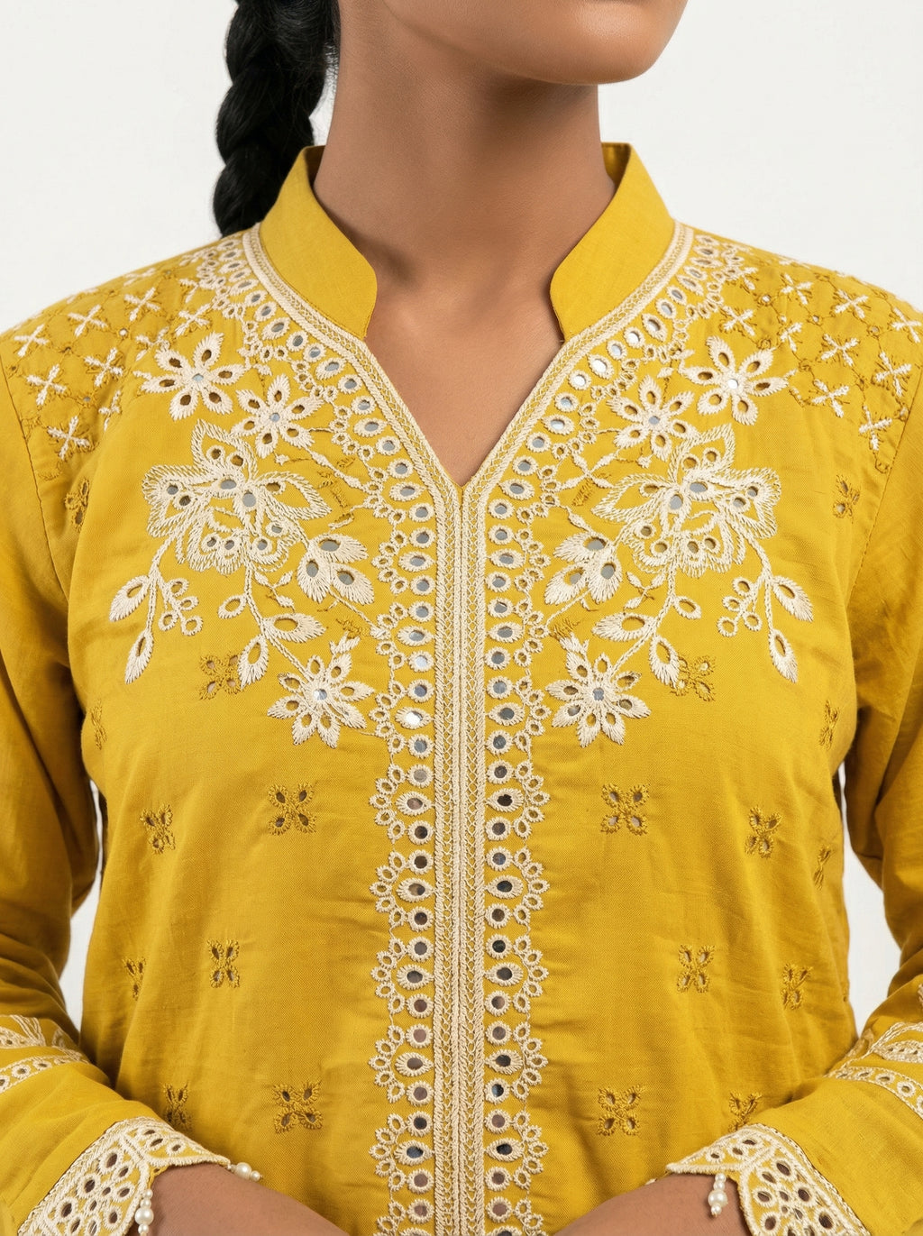 Mustard fancy fabric cutwork lakhan pakistani suit set with dupatta