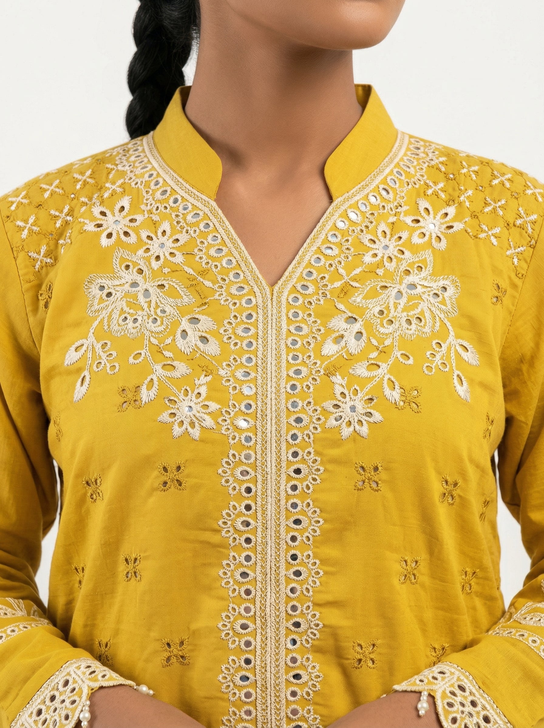Mustard fancy fabric cutwork lakhan pakistani suit set with dupatta