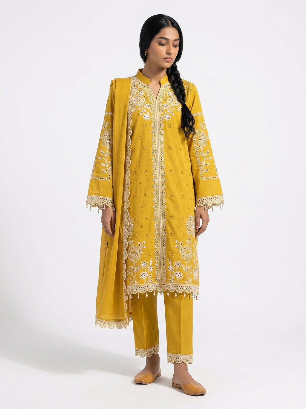 Mustard fancy fabric cutwork lakhan pakistani suit set with dupatta