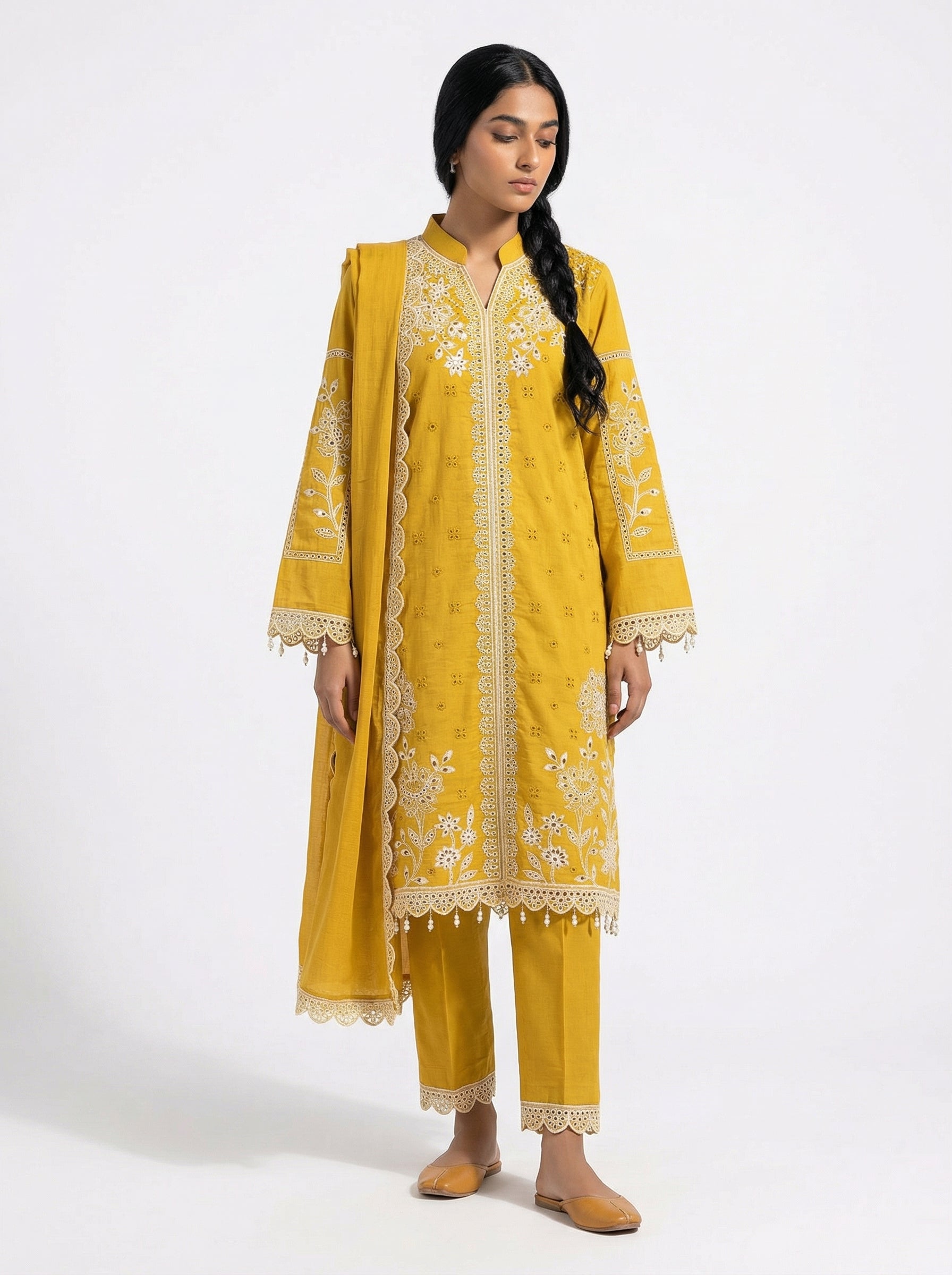 Mustard fancy fabric cutwork lakhan pakistani suit set with dupatta