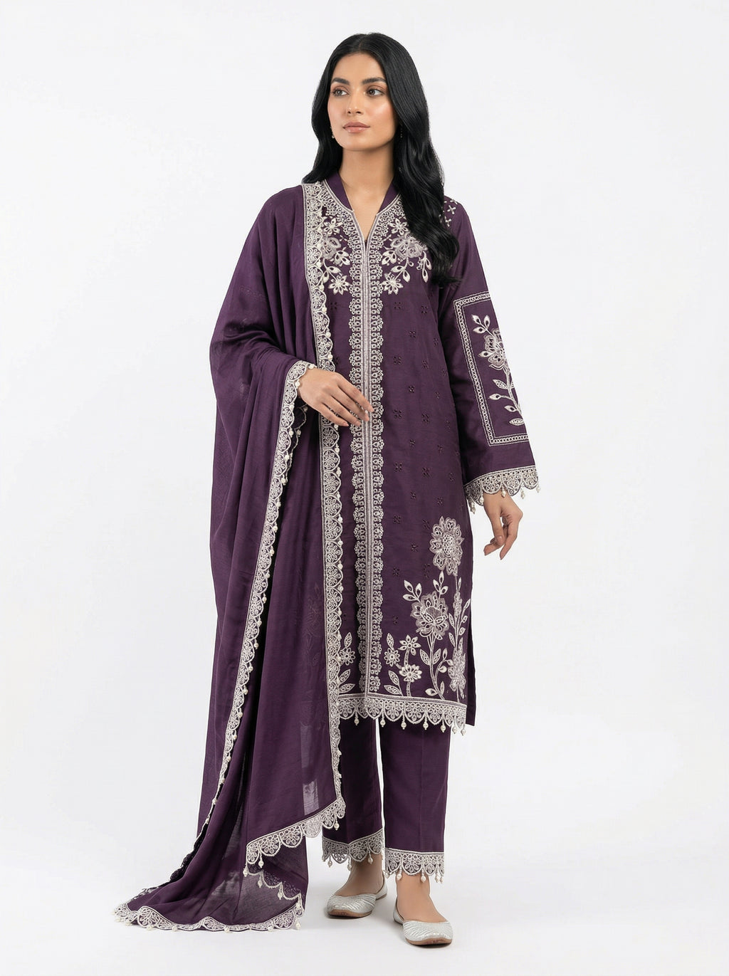 Plum fancy fabric cutwork lakhan pakistani suit set with dupatta