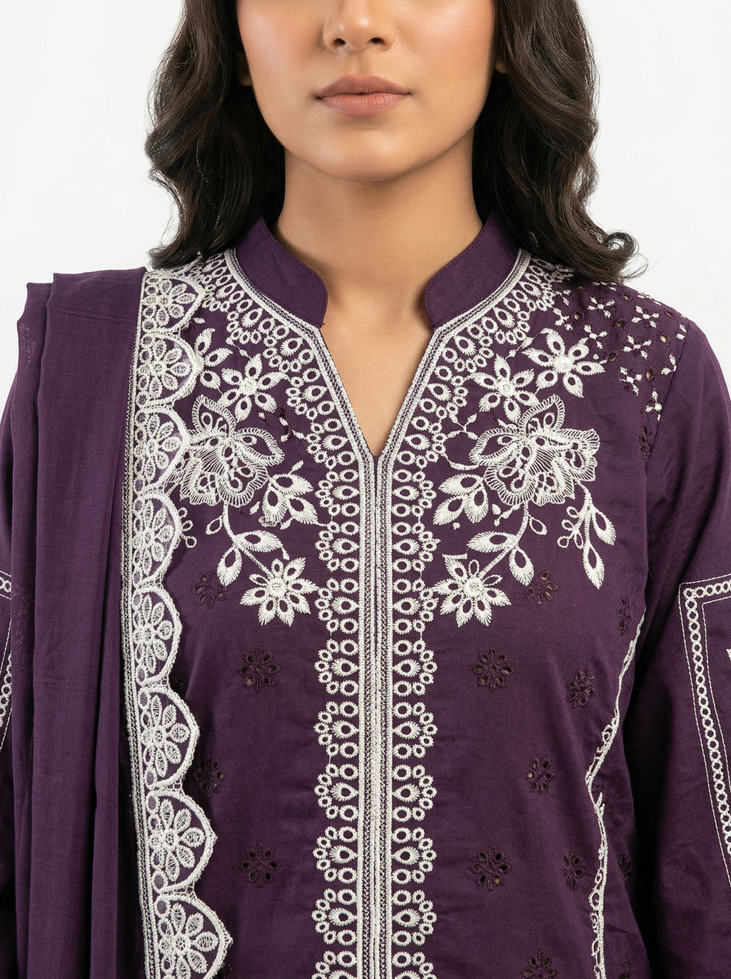 Plum fancy fabric cutwork lakhan pakistani suit set with dupatta