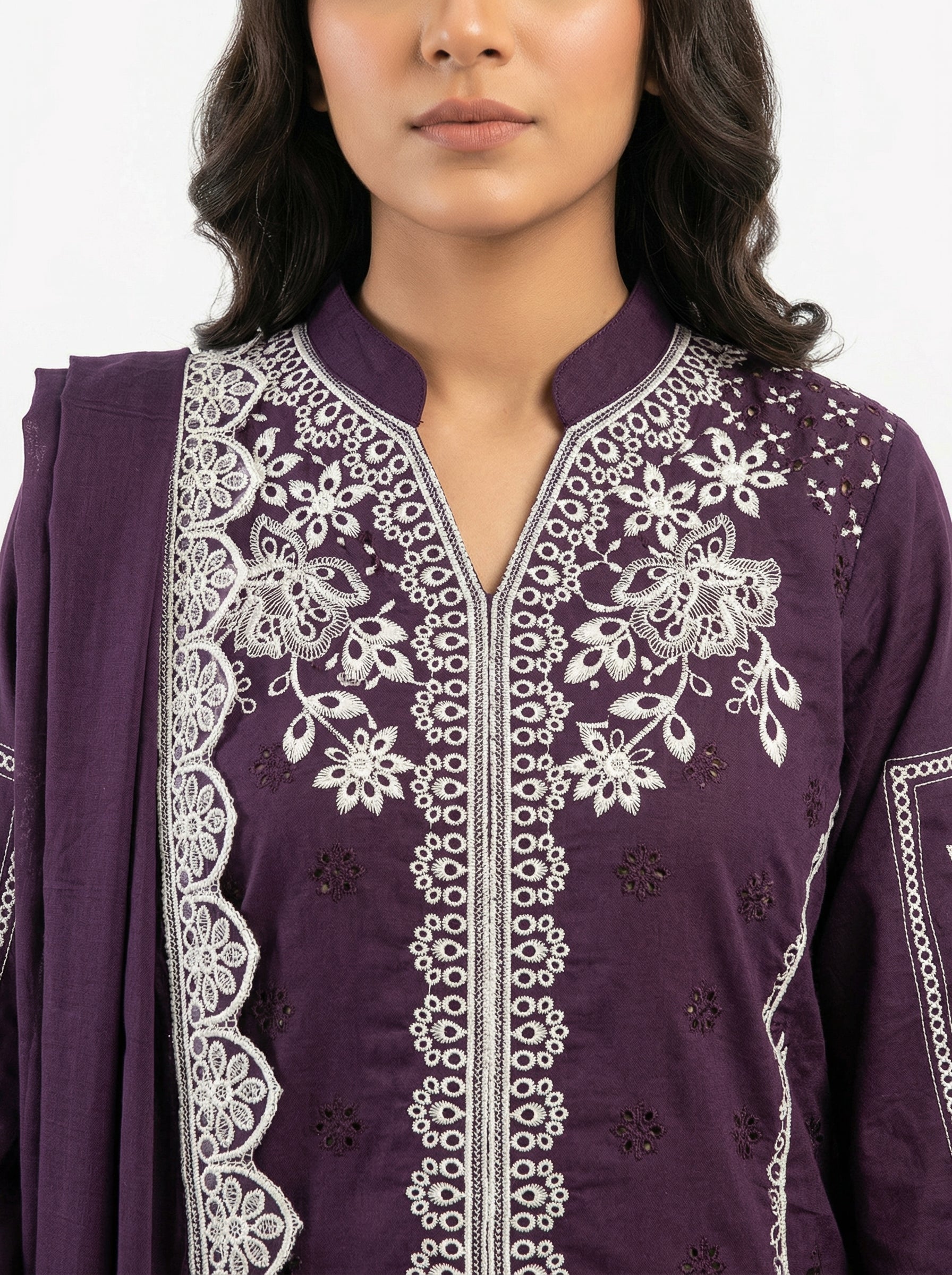 Plum fancy fabric cutwork lakhan pakistani suit set with dupatta