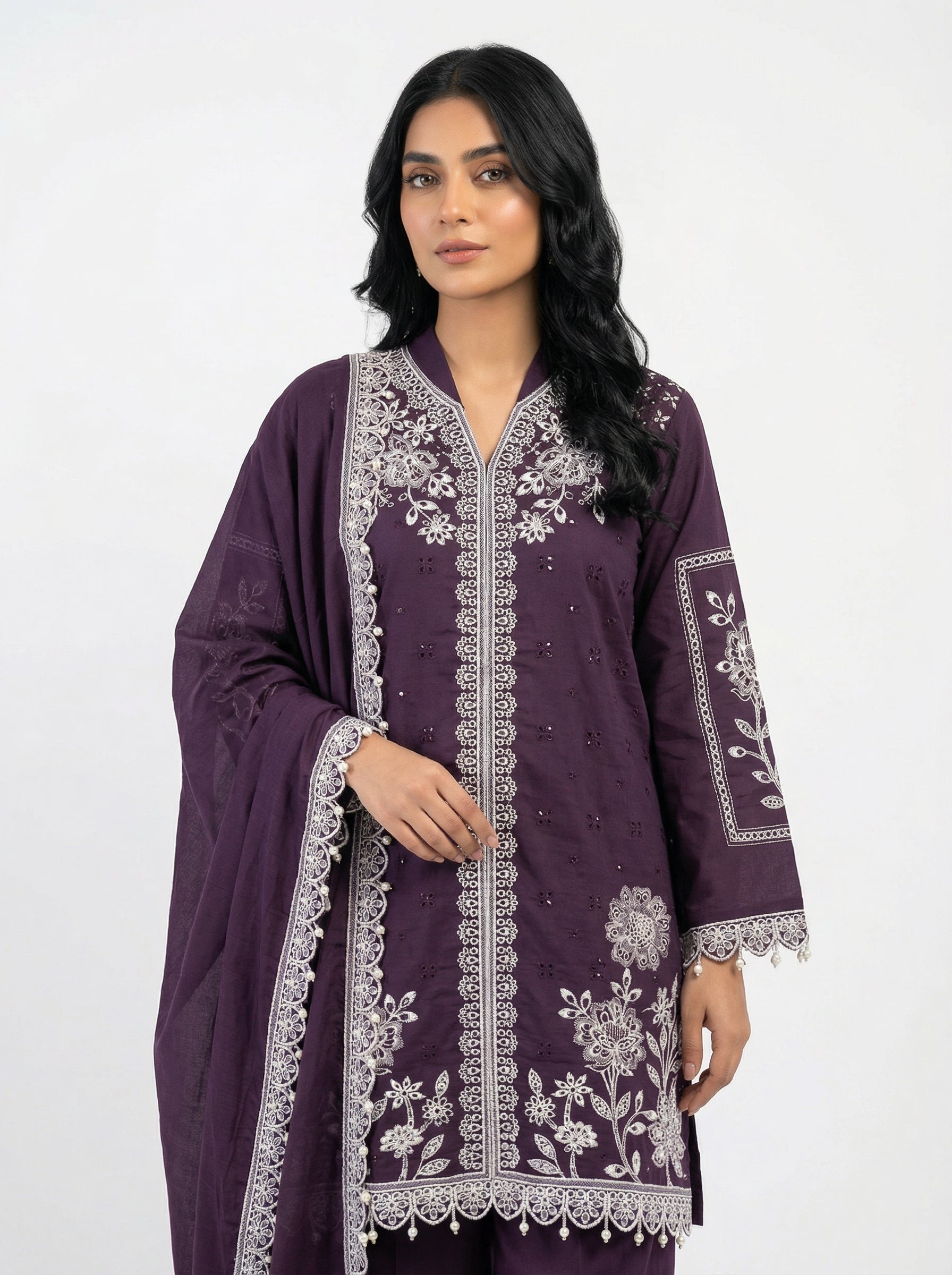 Plum fancy fabric cutwork lakhan pakistani suit set with dupatta