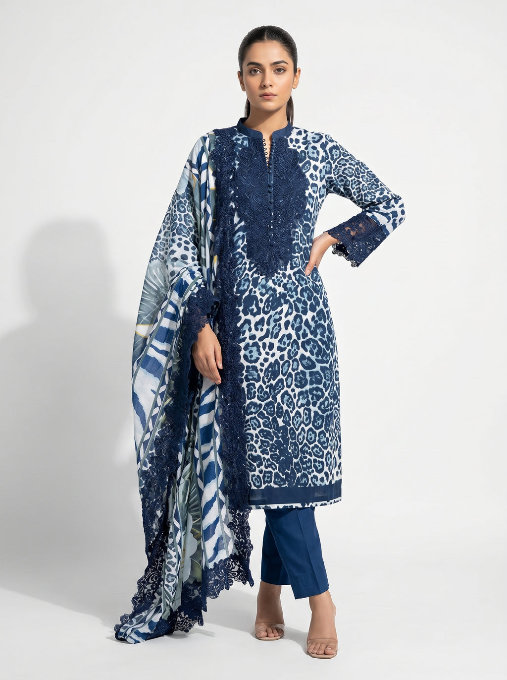 Blue printed cotton embroidered pakistani suit with chiffon dupatta & cotton bottom