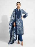 Blue printed cotton embroidered pakistani suit with chiffon dupatta & cotton bottom
